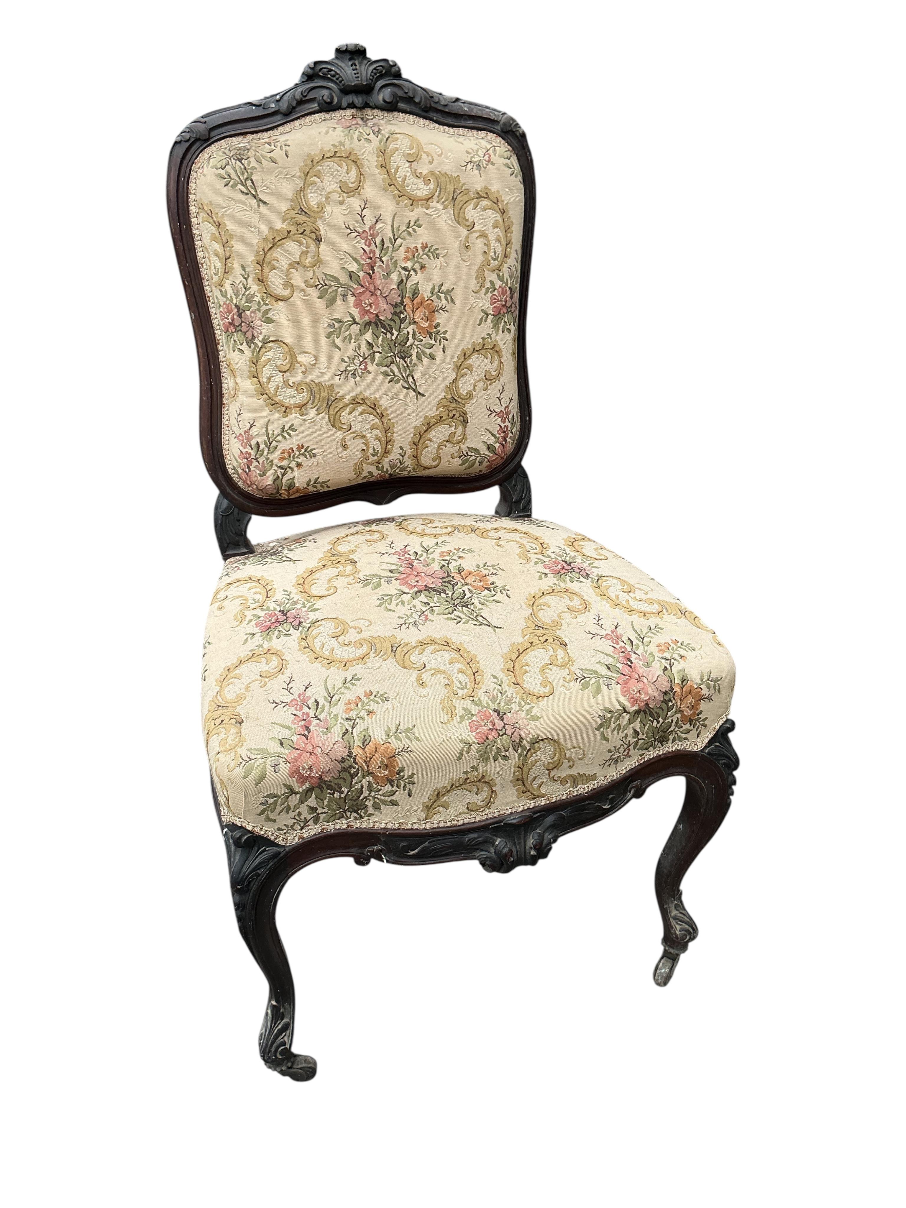 Three 19th century French carved tapestry upholstered chairs, one with arms, largest width 64cm, depth 56cm, height 105cm